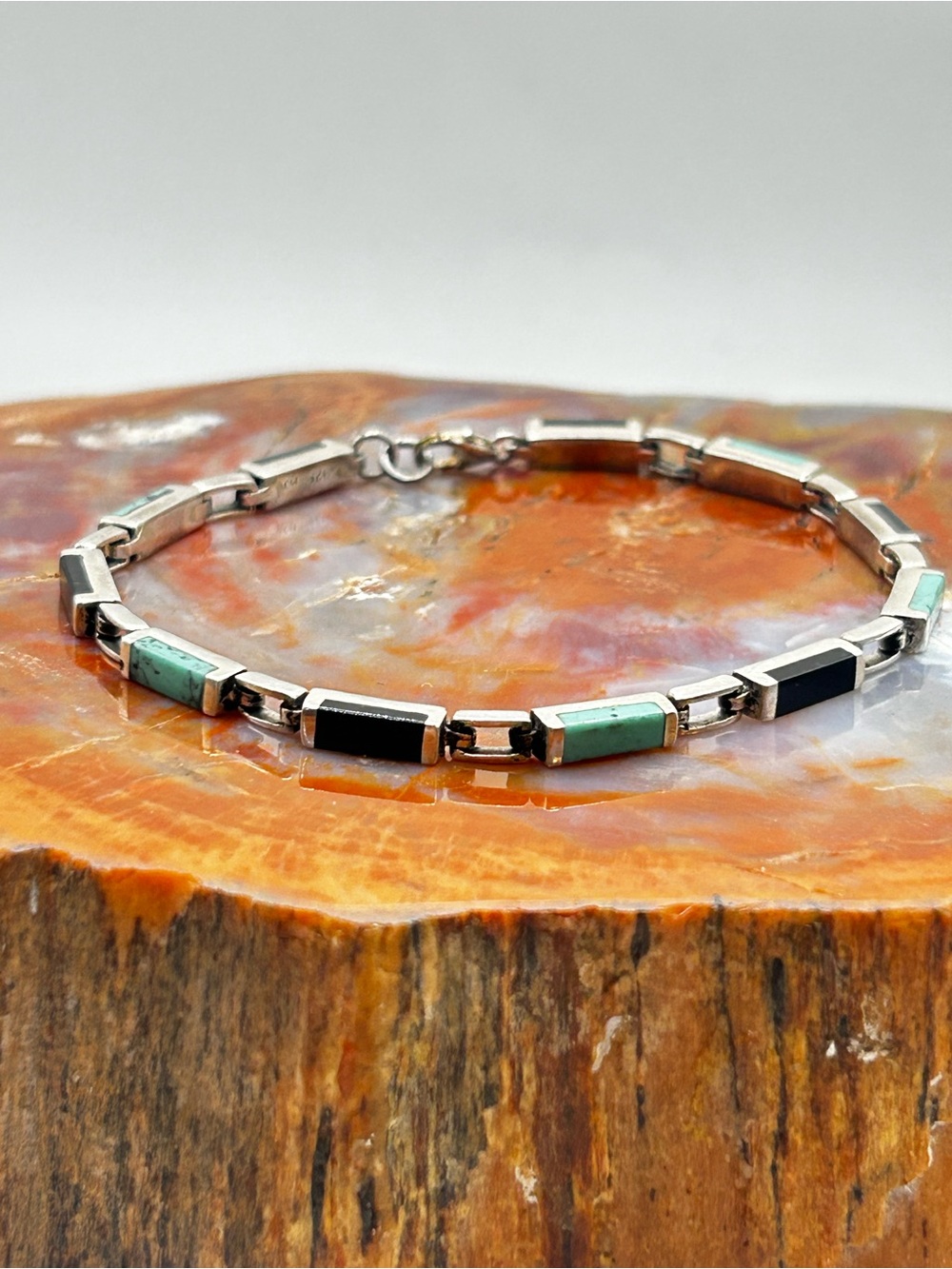 Thin Vintage Sterling Turquoise and Onyx Bracelet - 7.5 inches
